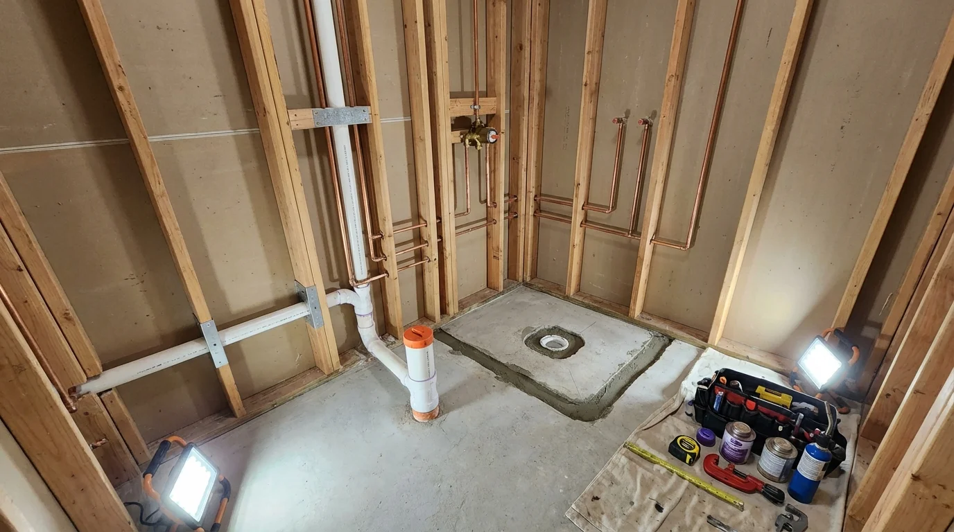 Bathroom rough-in plumbing during remodel by Johns Plumbing LLC in Keewatin