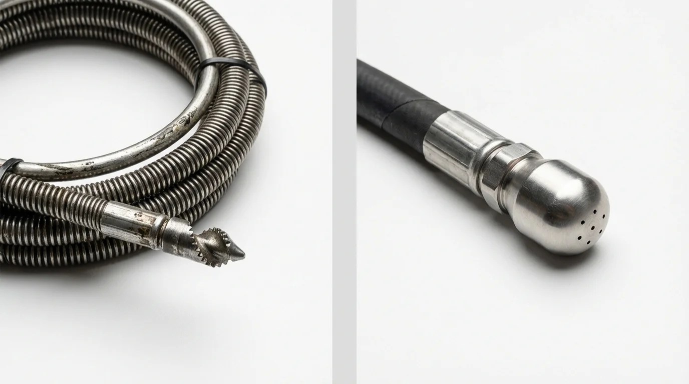 Drain snake cable and hydro jetting nozzle used for drain cleaning in Keewatin, MN