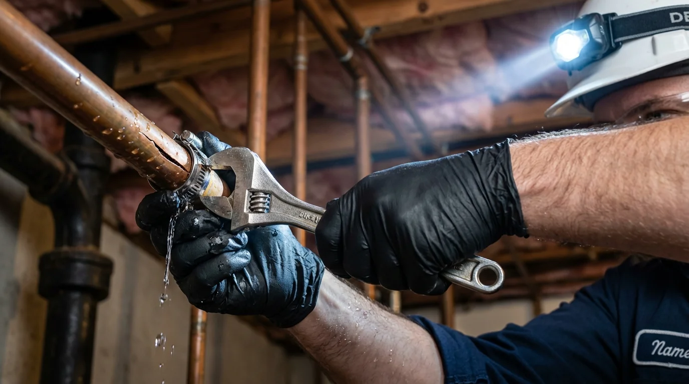 Emergency pipe clamp repair being performed by a Johns Plumbing LLC plumber in Keewatin