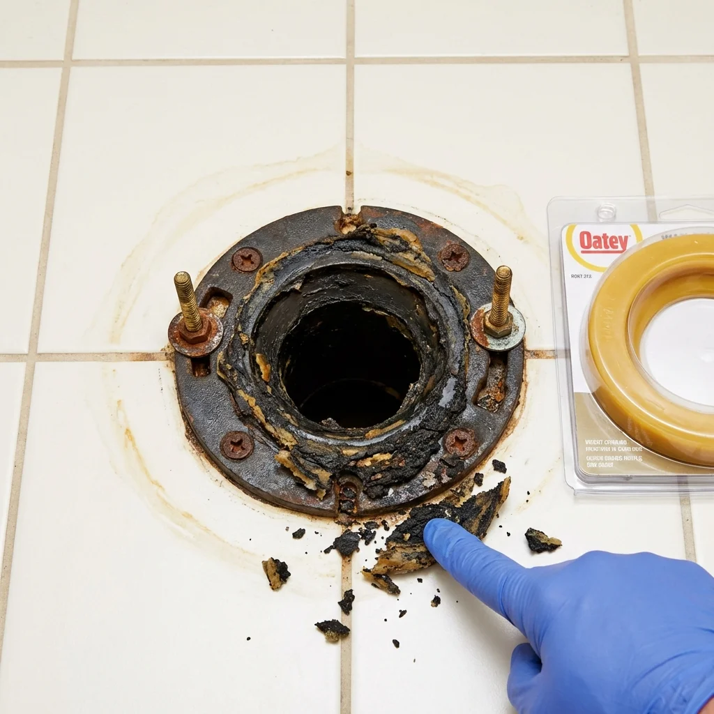 Failed wax ring showing water seepage at the base of a toilet in a Keewatin, MN home